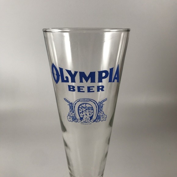Vintage Olympia Beer Footed Pilsner Glass Blue Good Luck Horseshoe Logo Tumwater - Picture 5 of 7